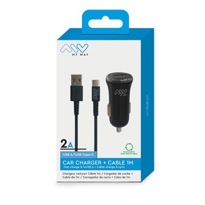 MYWAY PACK CHARGEUR VOITURE 2A + CABLE USB C 1M NOIR