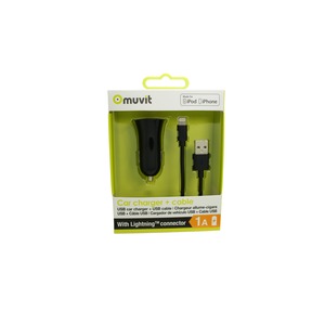 PACK BLACK CAR CHARGER1 USB 1A +CABLE LIGHTNING MFI 1M 1A