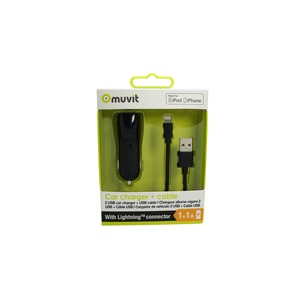 PACK BLACK CAR CHARGER 2 USB 2A +CABLE LIGHTNING MFI 1M 2A