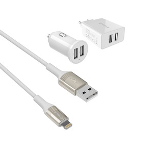 GREEN_E KIT 2USB FASTCHARGE CAR + SECTEUR + CABLE MFI 1,3M BLANC